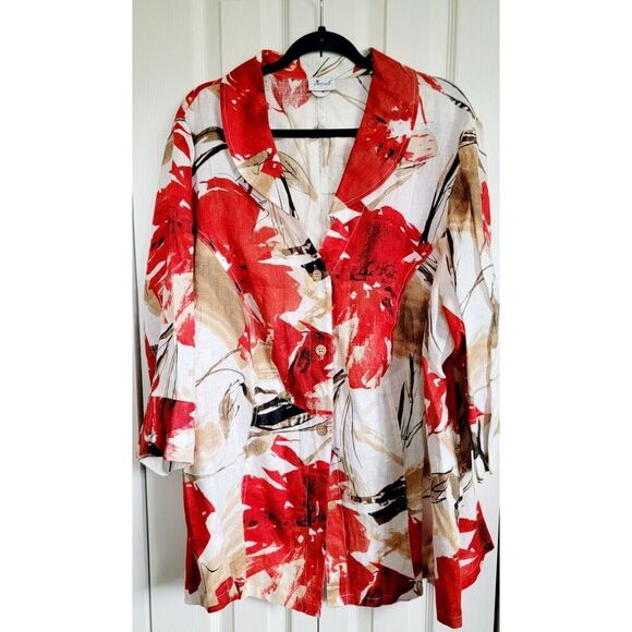 Verpass 3X/4X 100% Linen Jacket Size G54 3/4 Sleeve Tan Red‎ Floral Pockets - Picture 1 of 6